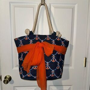 Mud Pie Nautical Tote Beach Bag Blue with Orange Anchors with Orange Bow & Pouch